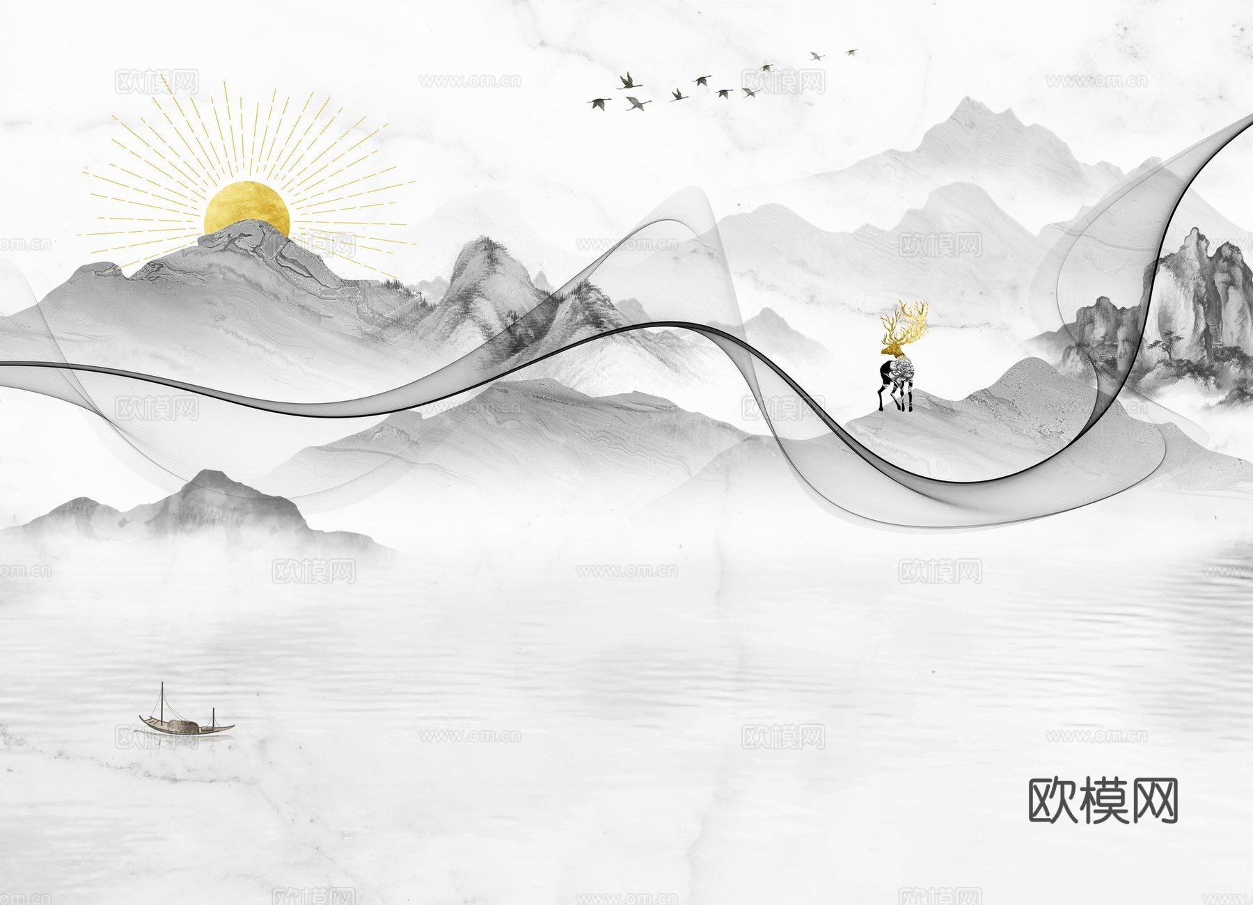 新中式山水壁纸壁画下载（渲染图7）