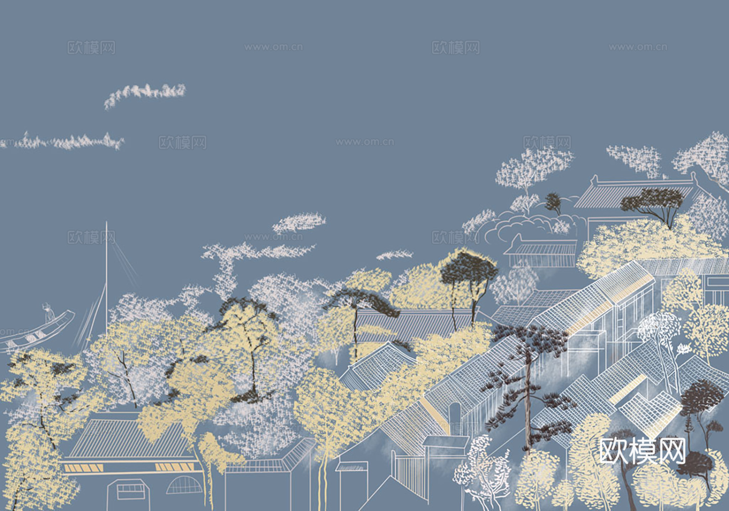 新中式山水线描壁画贴图