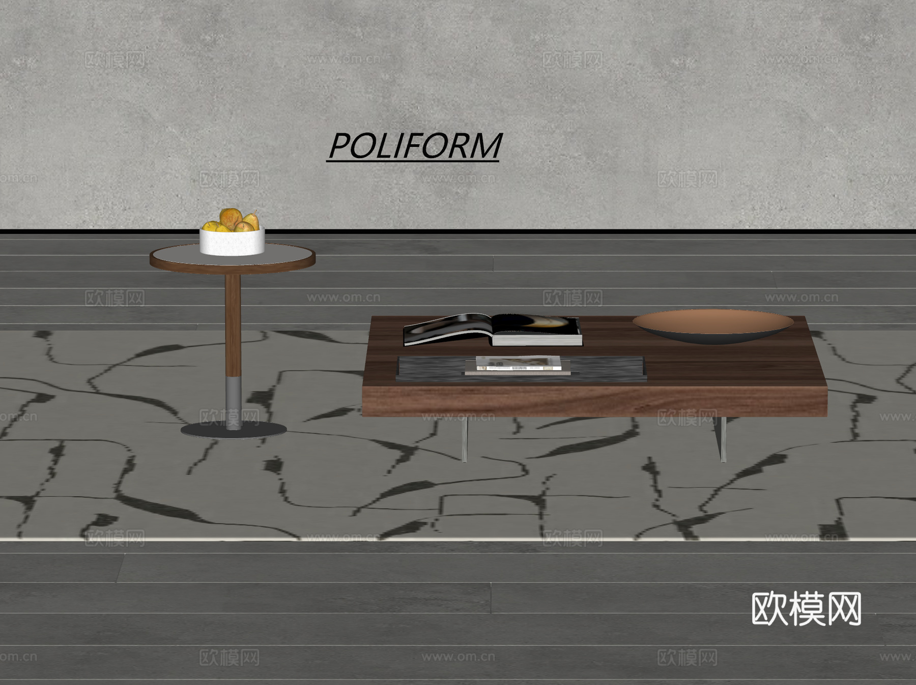 POLIFORM现代茶几 茶几组合 圆几 方形茶几 中古风su模型
