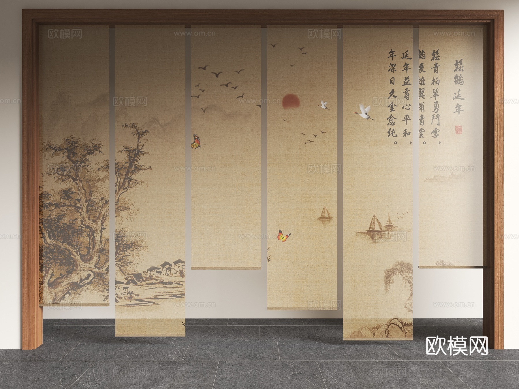 新中式禅意纱帘 山水画纱帘 水墨画纱帘 茶室卷帘 新中式卷帘3d模型