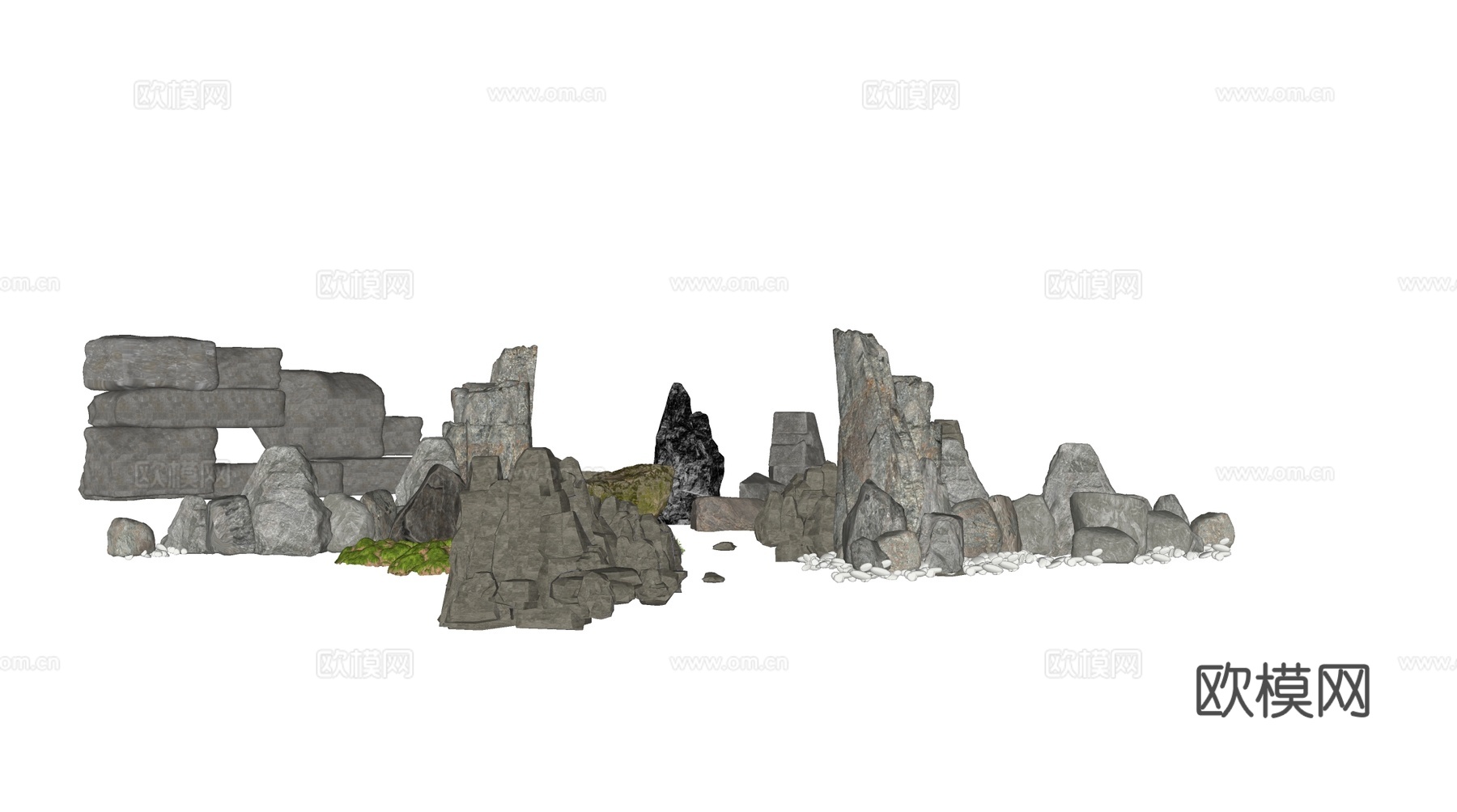 现代假山 庭院石头小品 石头造景岩石 条石碎石岩石 庭院水景su模型