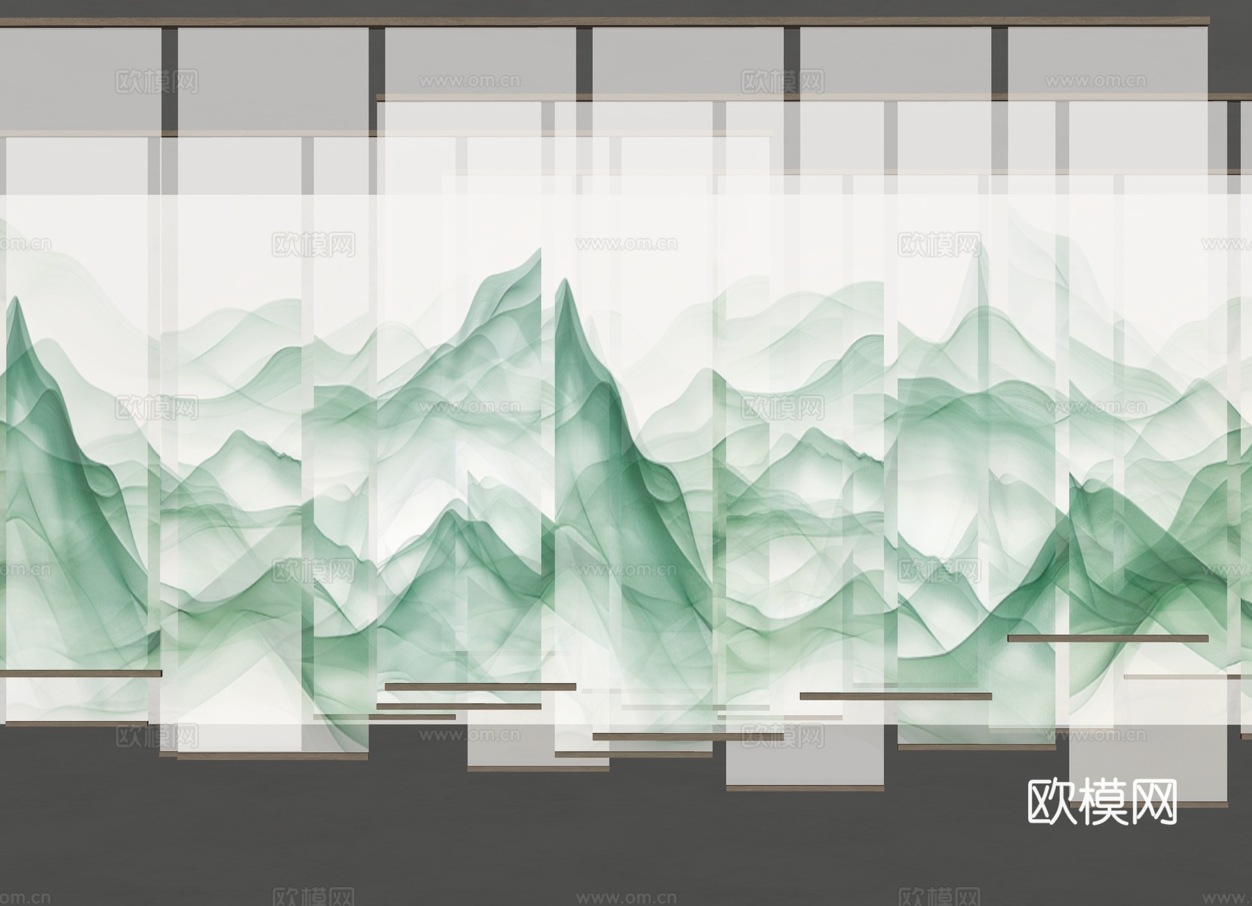 新中式禅意纱帘 山水画纱帘 水墨画纱帘 茶室卷帘 新中式卷帘su模型