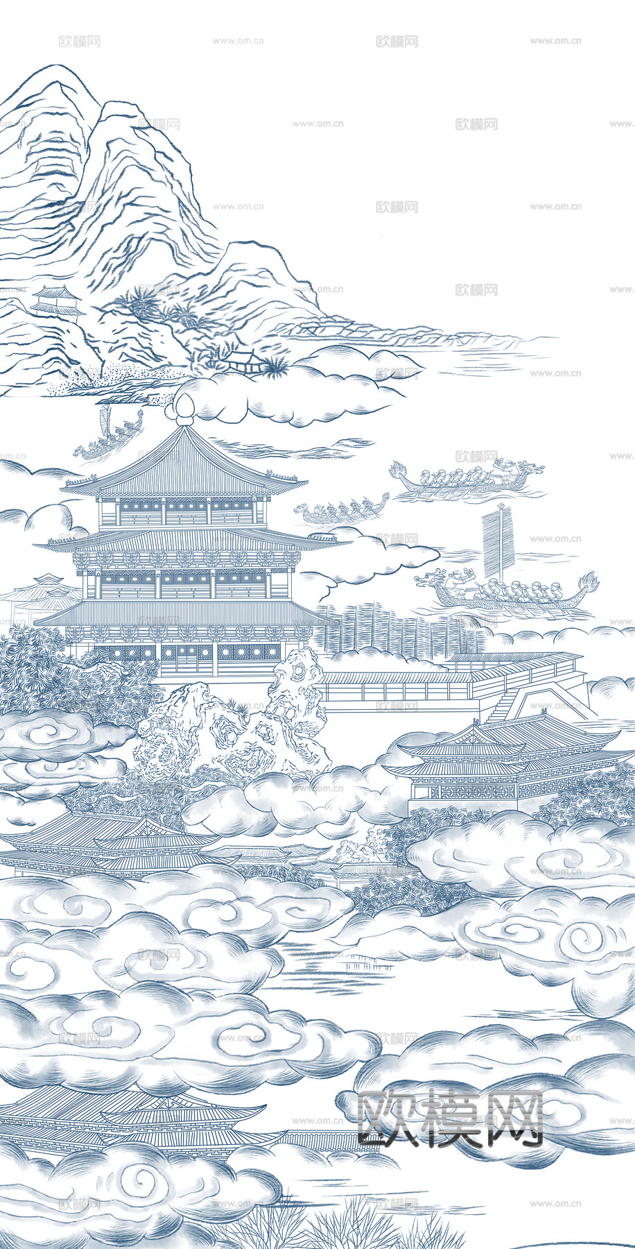 中式现代楼阁亭台壁画贴图