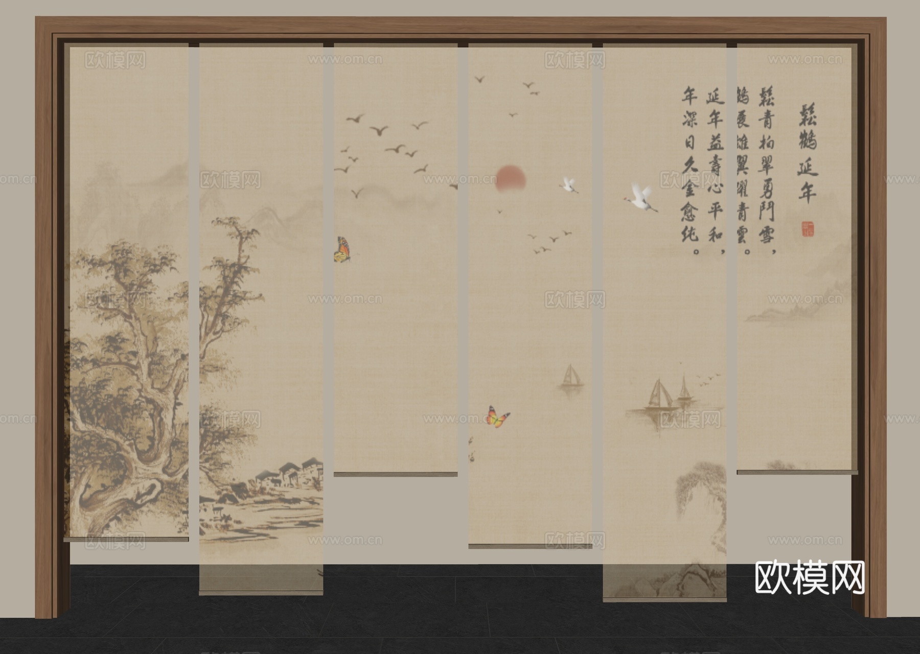 新中式禅意纱帘 山水画纱帘 水墨画纱帘 茶室卷帘 新中式卷帘su模型
