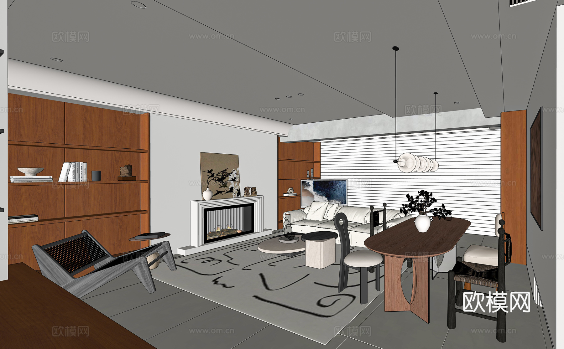 现代中古大平层客餐厅 中古餐桌椅 楼梯 壁炉 开放式厨房 洋su模型下载（渲染图5）