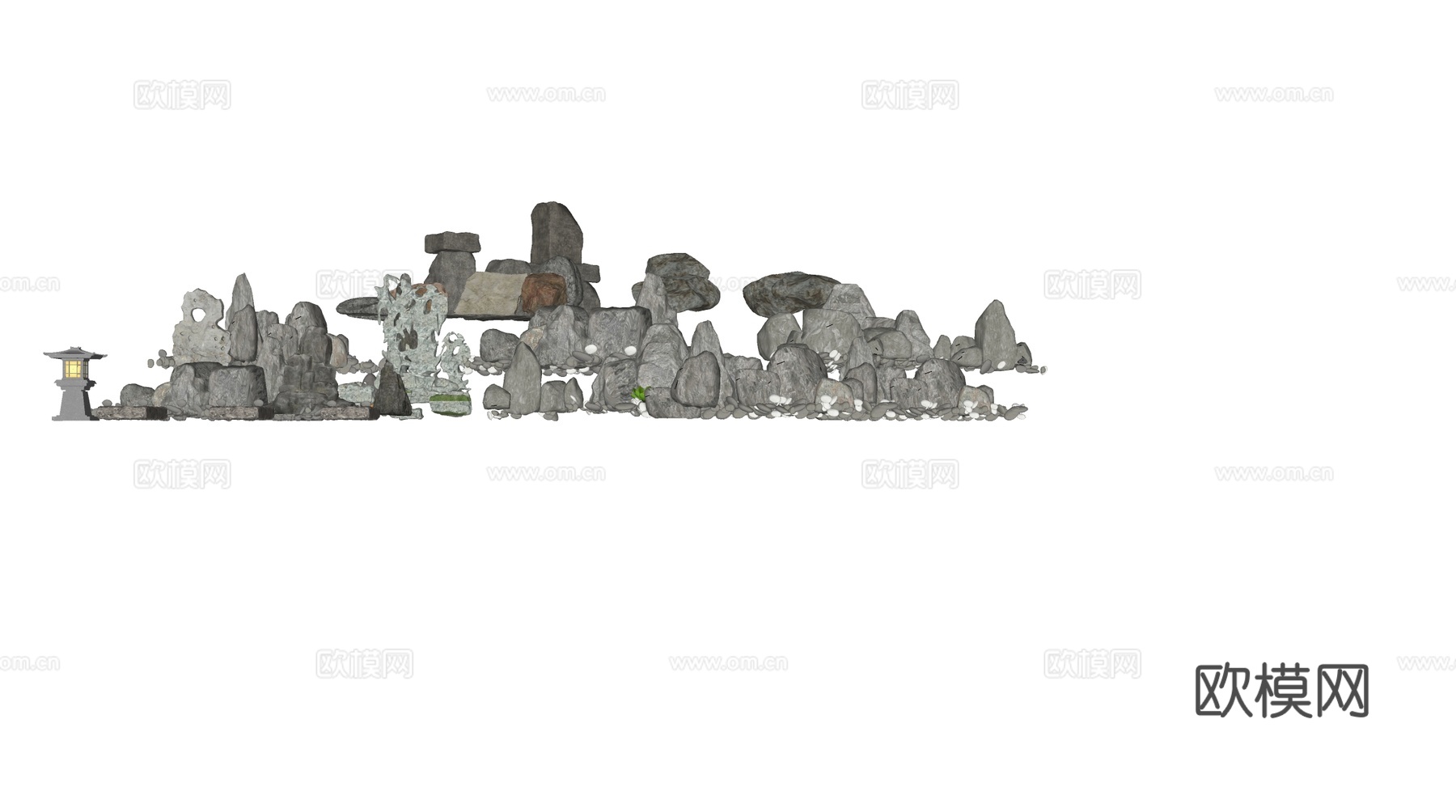 现代石头 庭院石头小品 石头造景岩石 条石碎石岩石 庭院水景su模型