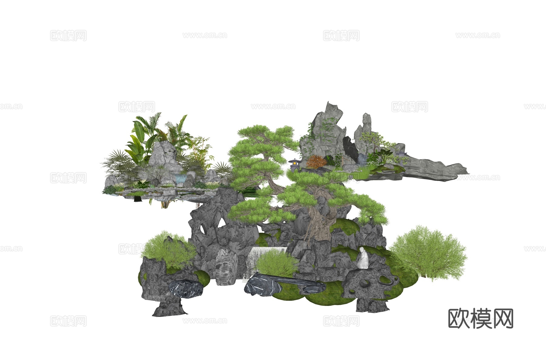 现代假山 庭院石头小品 庭院假山石头 假山石头水景 迎客松罗su模型