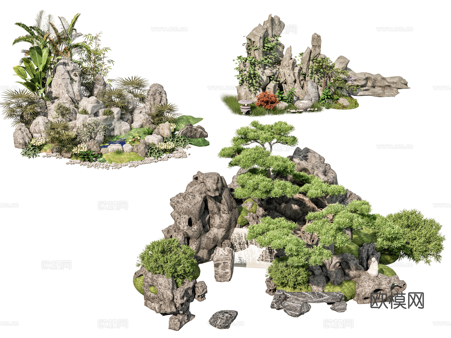现代假山 庭院石头小品 庭院假山石头 假山石头水景 迎客松罗su模型