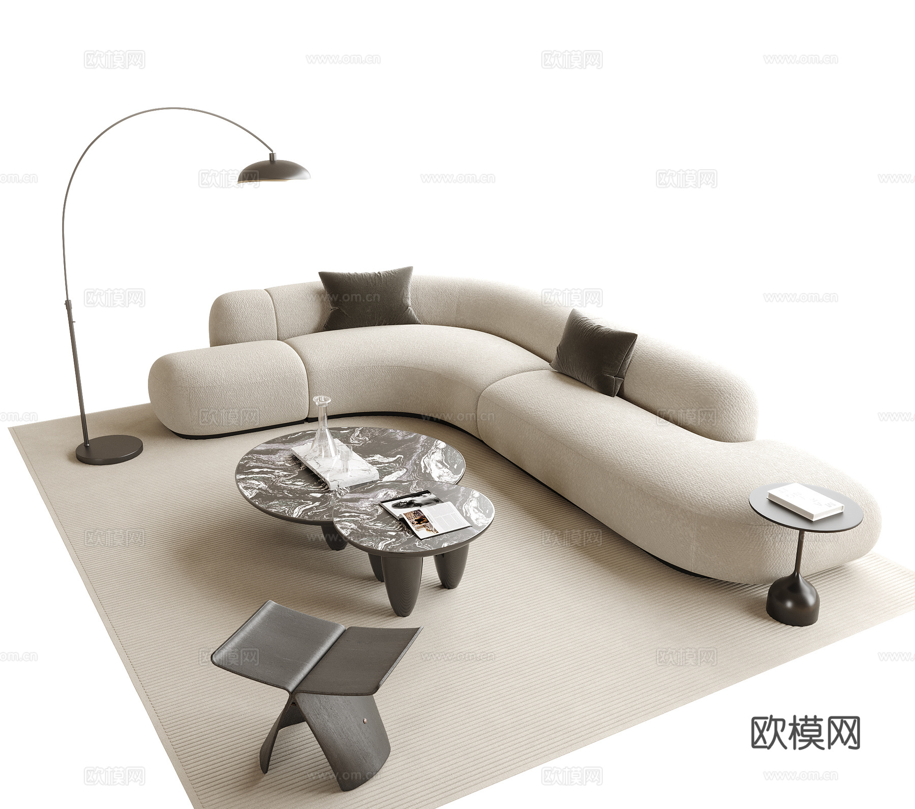 现代沙发茶几组合 弧形沙发 茶几 落地灯su模型
