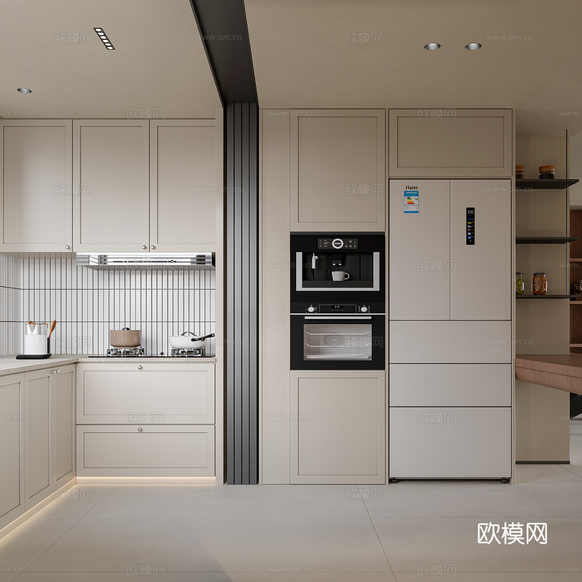 現(xiàn)代中古大平層客餐廳 中古餐桌椅 樓梯 壁爐 開(kāi)放式廚房3d模型下載(渲染圖4)