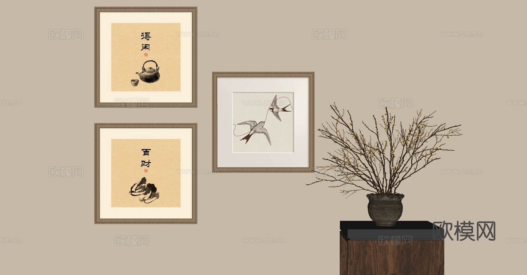 新中式挂画 客厅挂画 卧室挂画 盆栽su模型