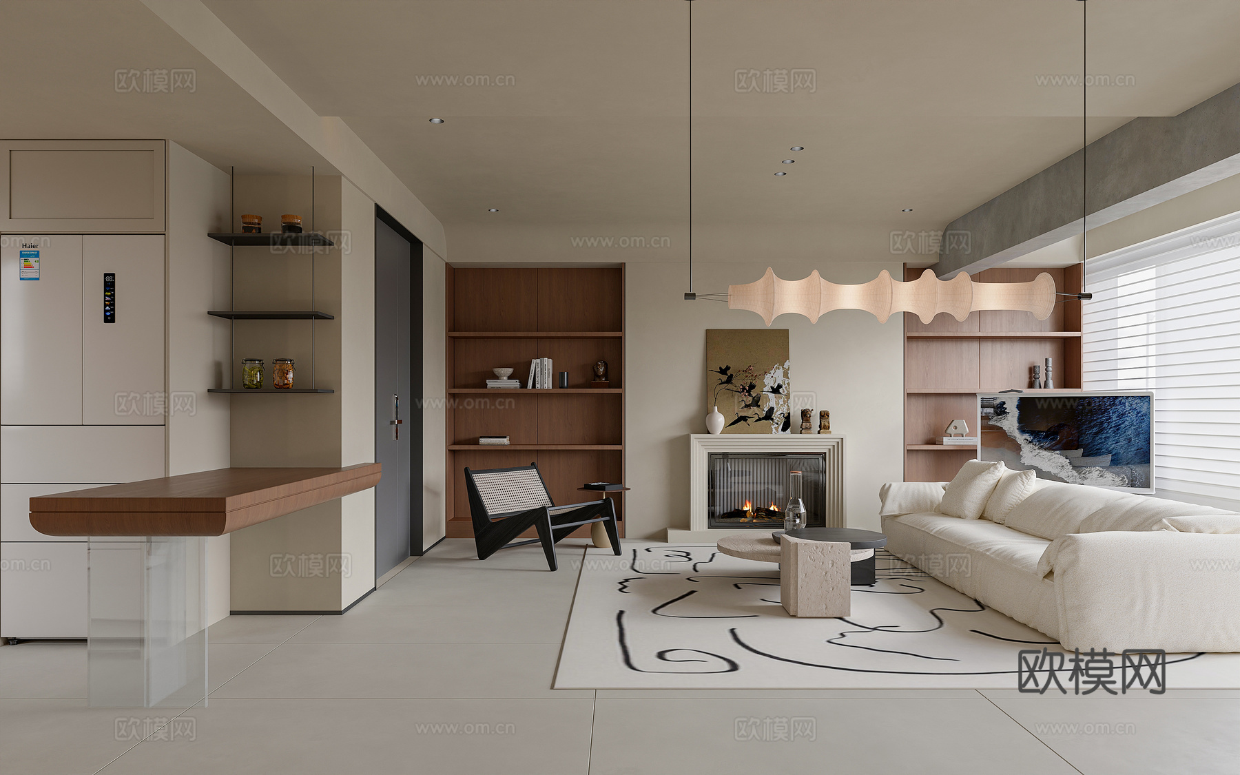 现代中古大平层客餐厅 中古餐桌椅 楼梯 壁炉 开放式厨房 洋su模型下载（渲染图2）