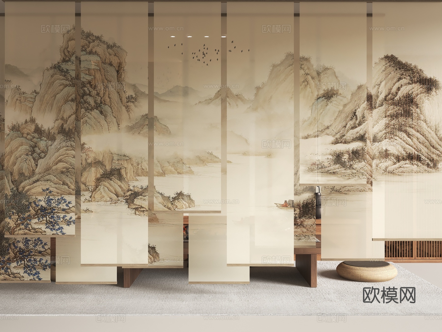 新中式禅意纱帘 山水画纱帘 水墨画纱帘 茶室卷帘 新中式卷帘3d模型