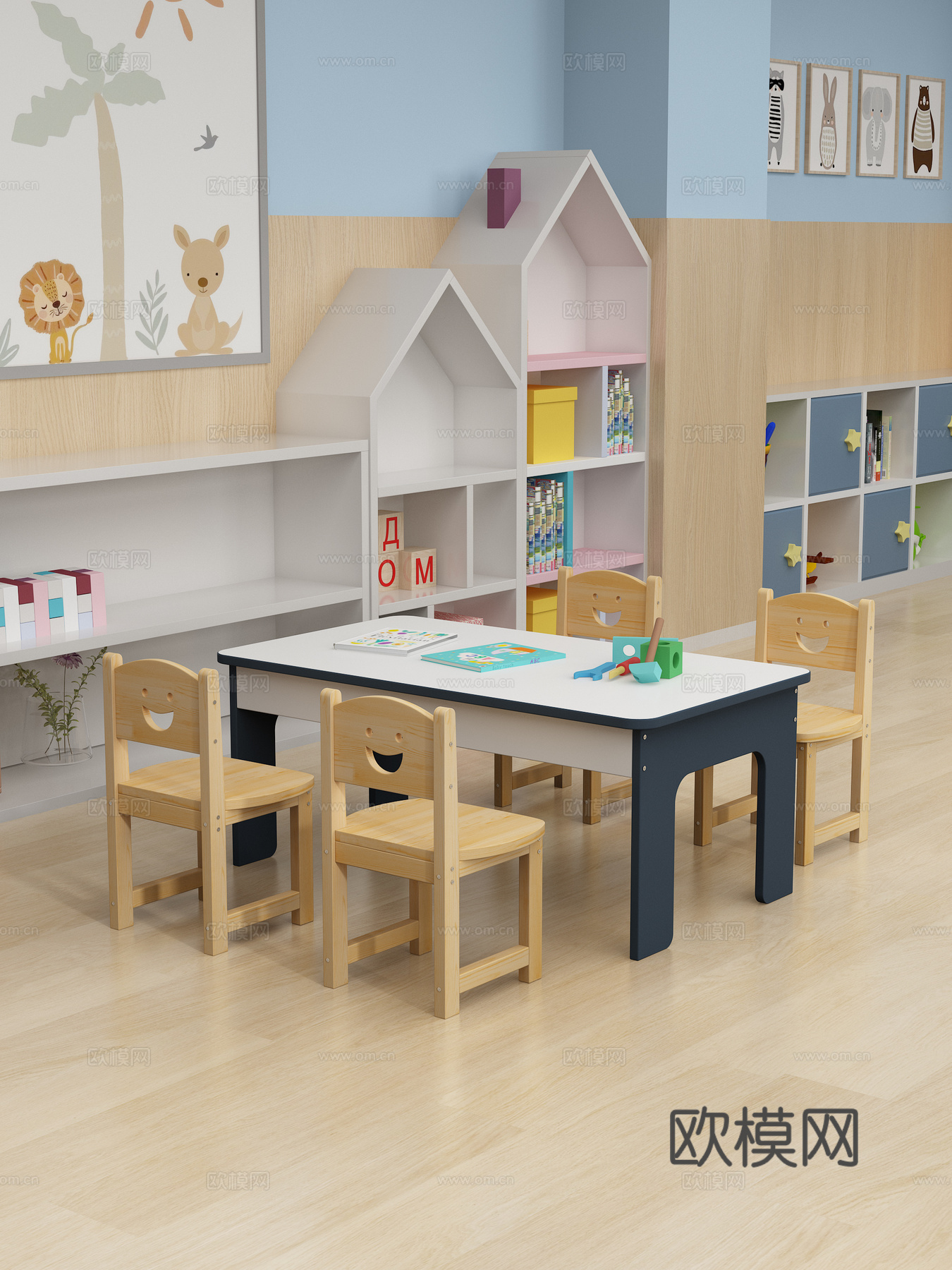 儿童实木桌椅 幼儿园  玩具桌 玩具 书籍3d模型
