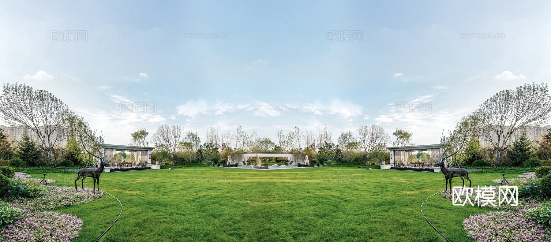白天城市建筑  高楼  景观绿化 草坪 公园