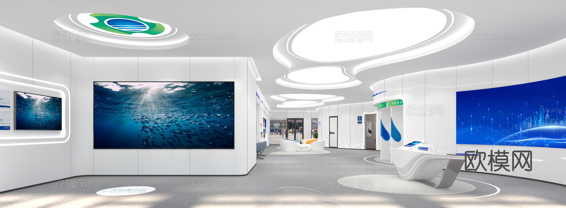 现代银行营业厅 银行展示区  等候区 理财现金区 智能服务区3d模型