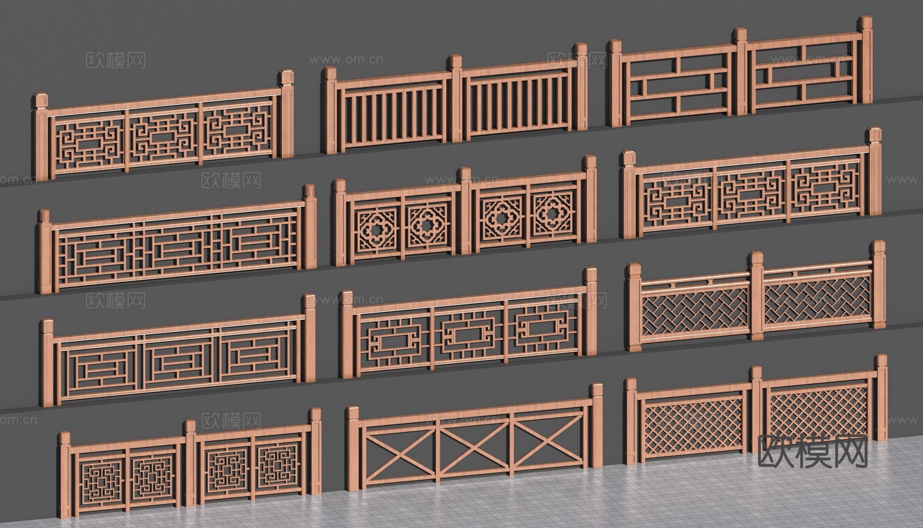 中式护栏 木护栏 格栅护栏3d模型