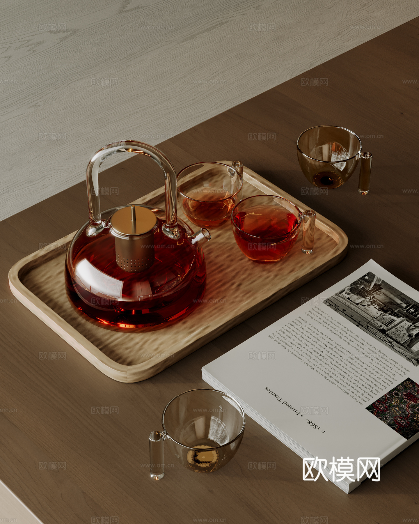 现代茶具摆件 茶几摆件 茶杯 茶壶 茶盘 书籍su模型