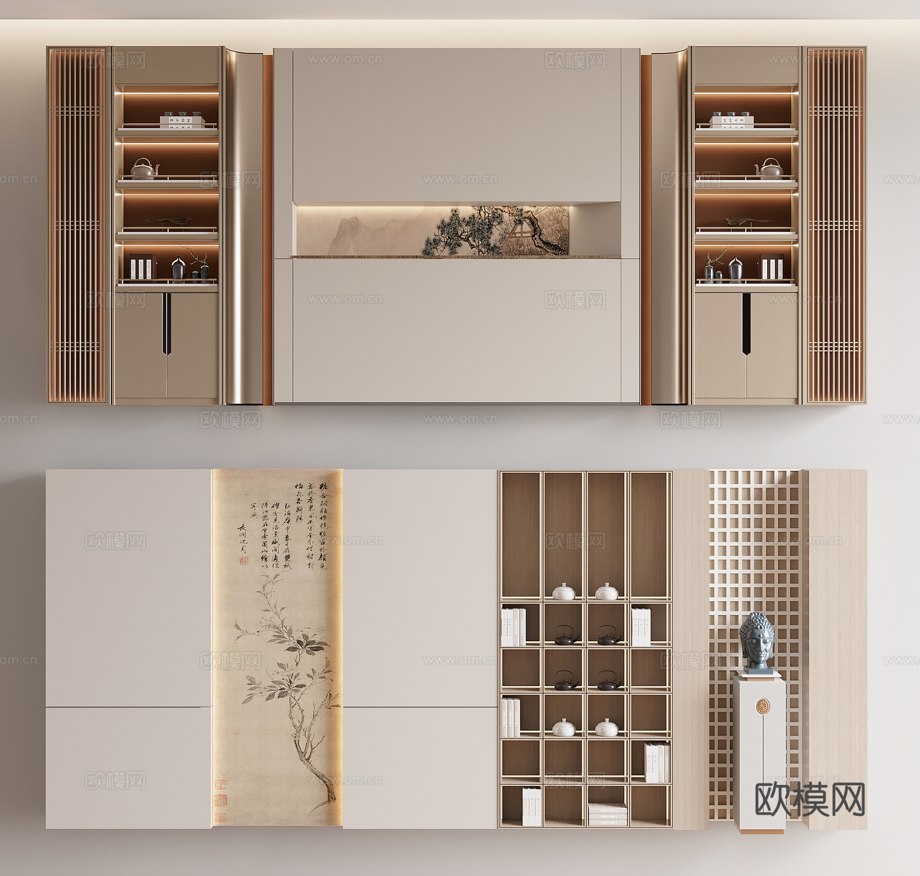 新中式装饰柜背景墙3d模型