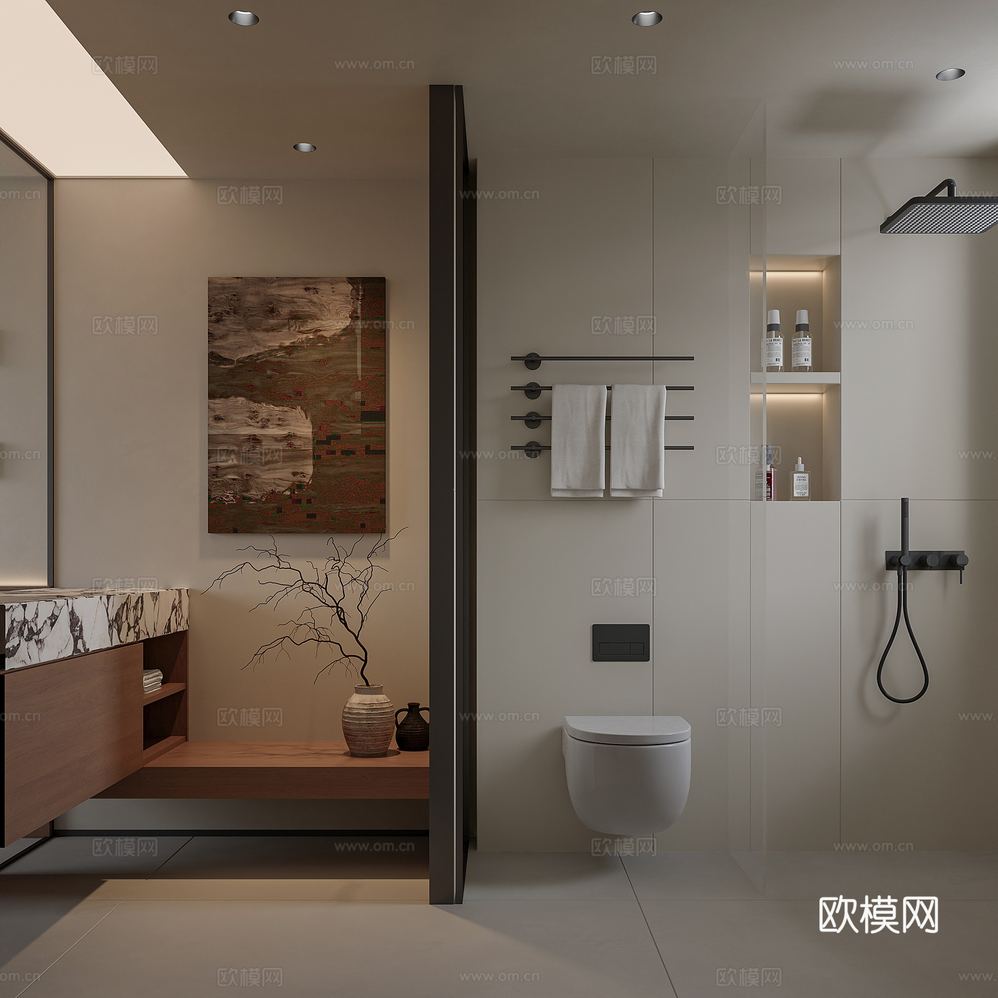 现代中古卫生间 干湿分离卫生间 宝格丽石材洗手盆 壁挂马桶3d模型