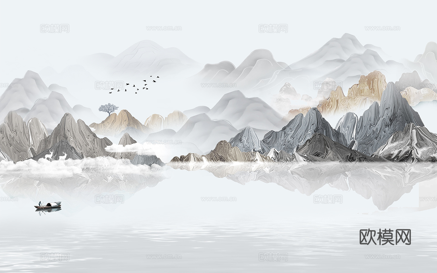 新中式山水装饰画壁纸壁画贴图