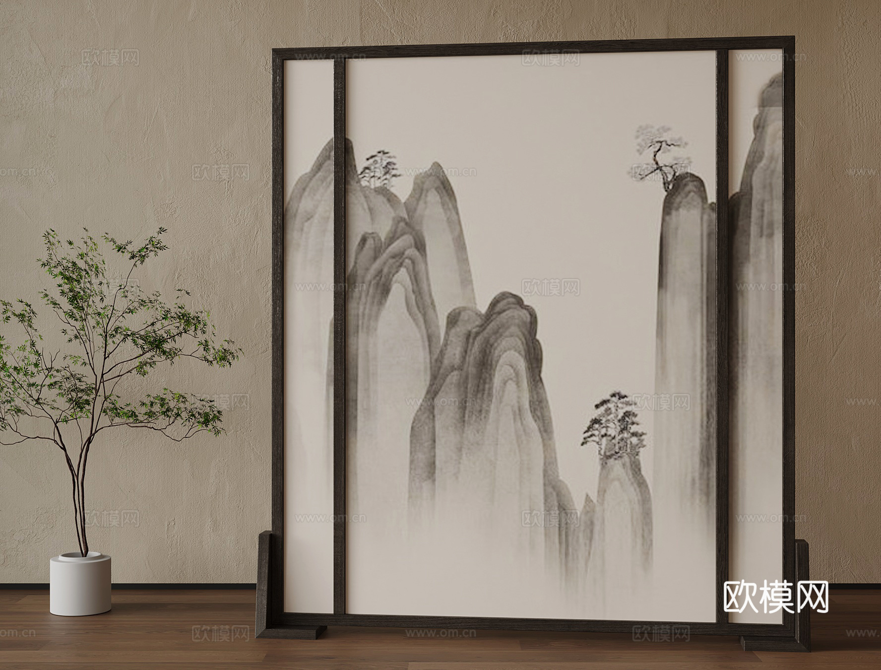 新中式屏风隔断 绿植su模型