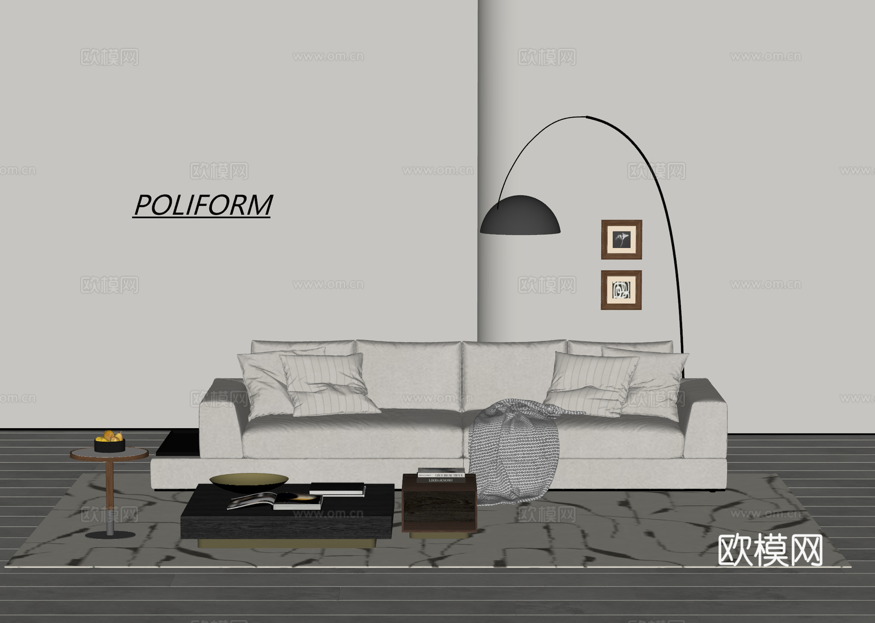 poliform现代双人沙发 沙发茶几组合 布艺双人沙发su模型
