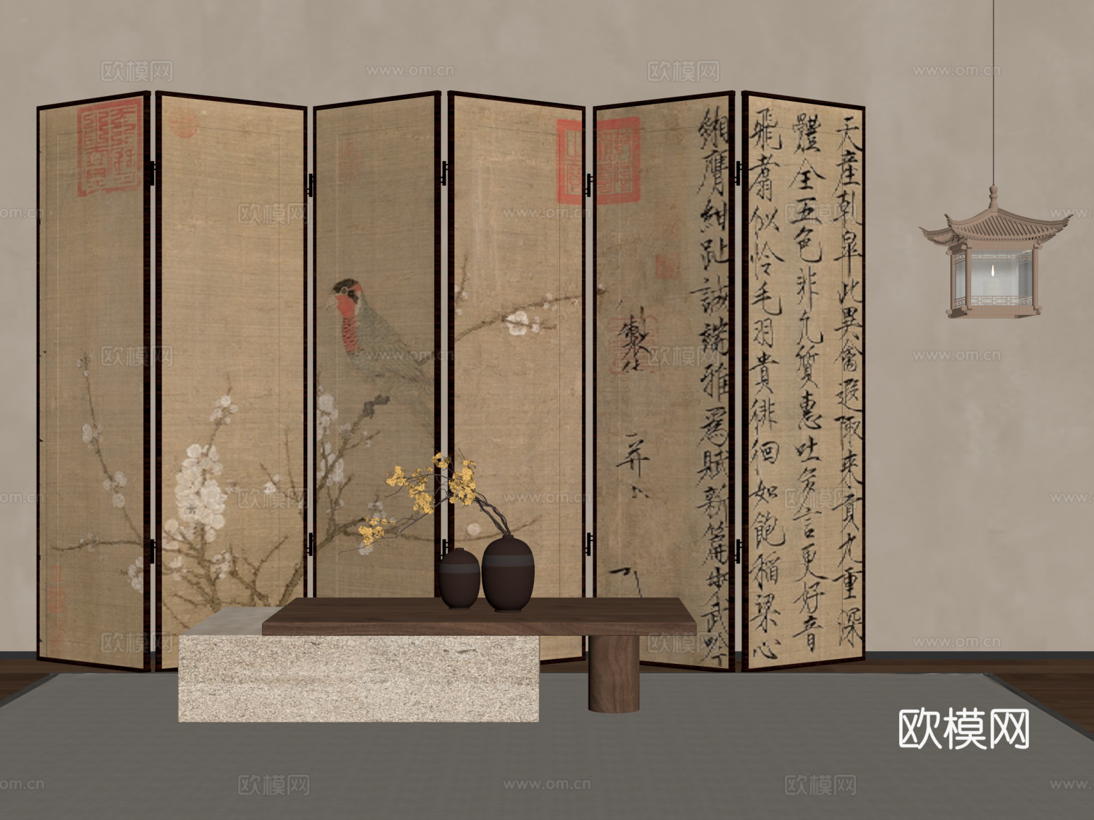 屏风 新中式屏风隔断 茶几 古建筑吊灯su模型