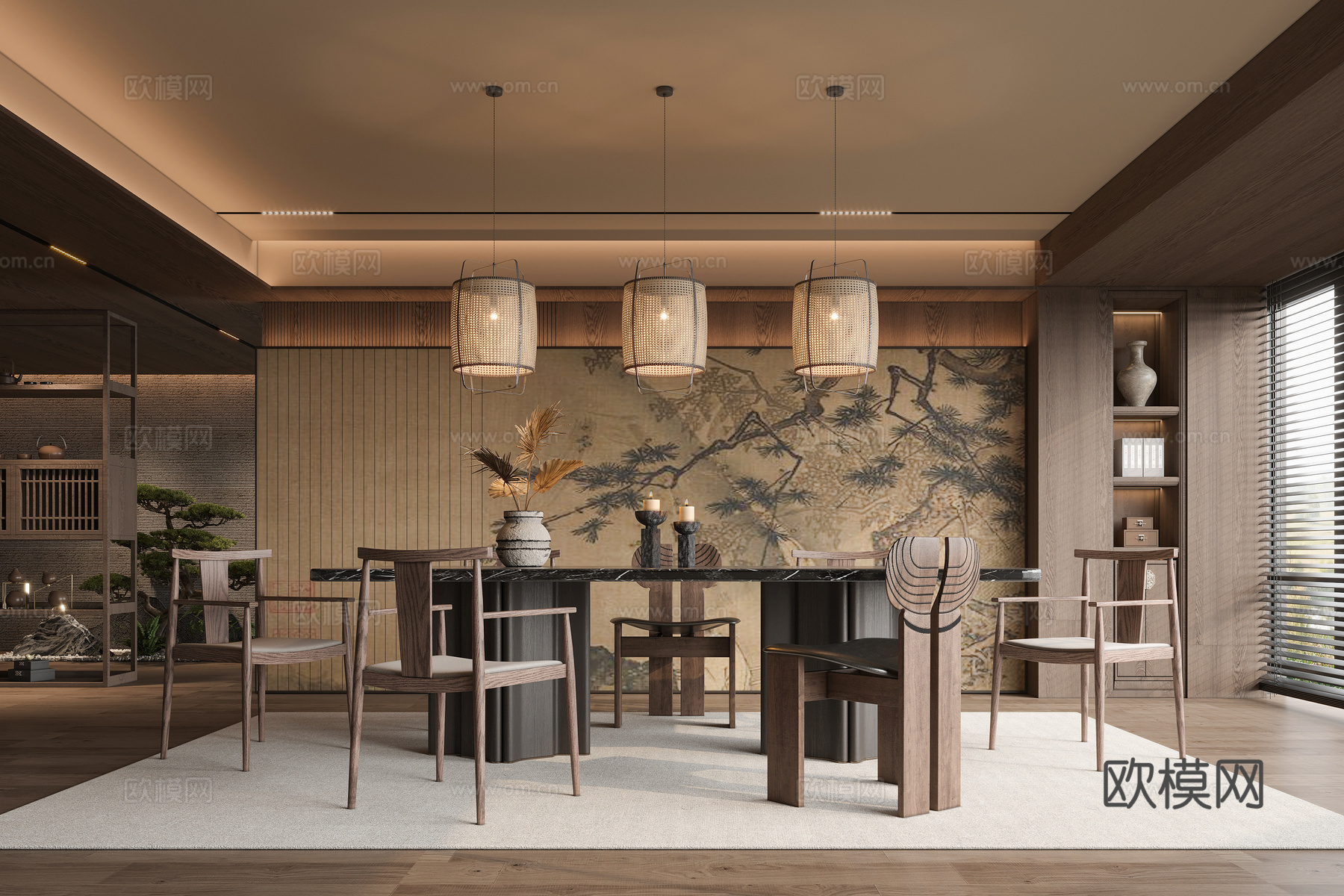 宋式风餐厅新中式餐厅禅意餐厅宋式风吊灯宋式风餐桌椅3d模型
