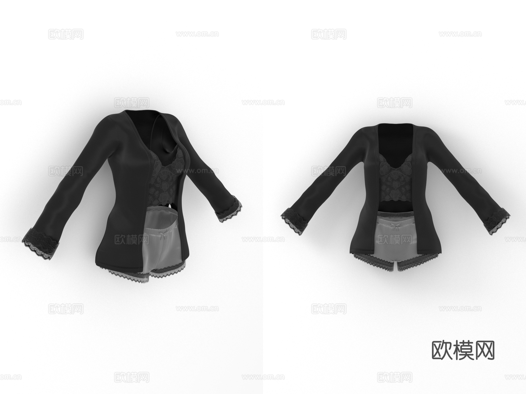 缎面蕾丝睡衣 文胸 睡裤 女性服装 女装 衣服3d模型