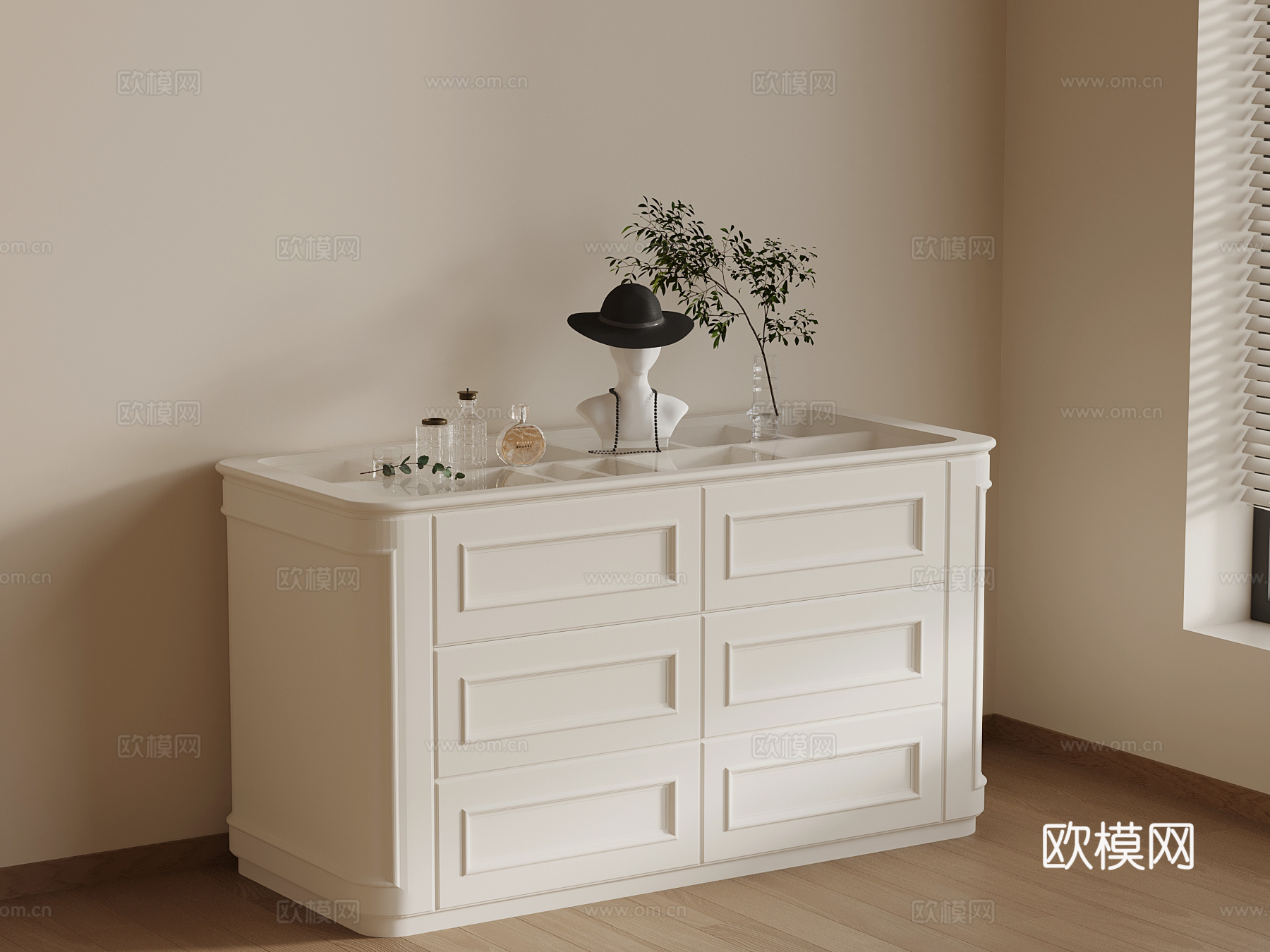 现代奶油风衣帽间岛台 化妆品 绿植3d模型