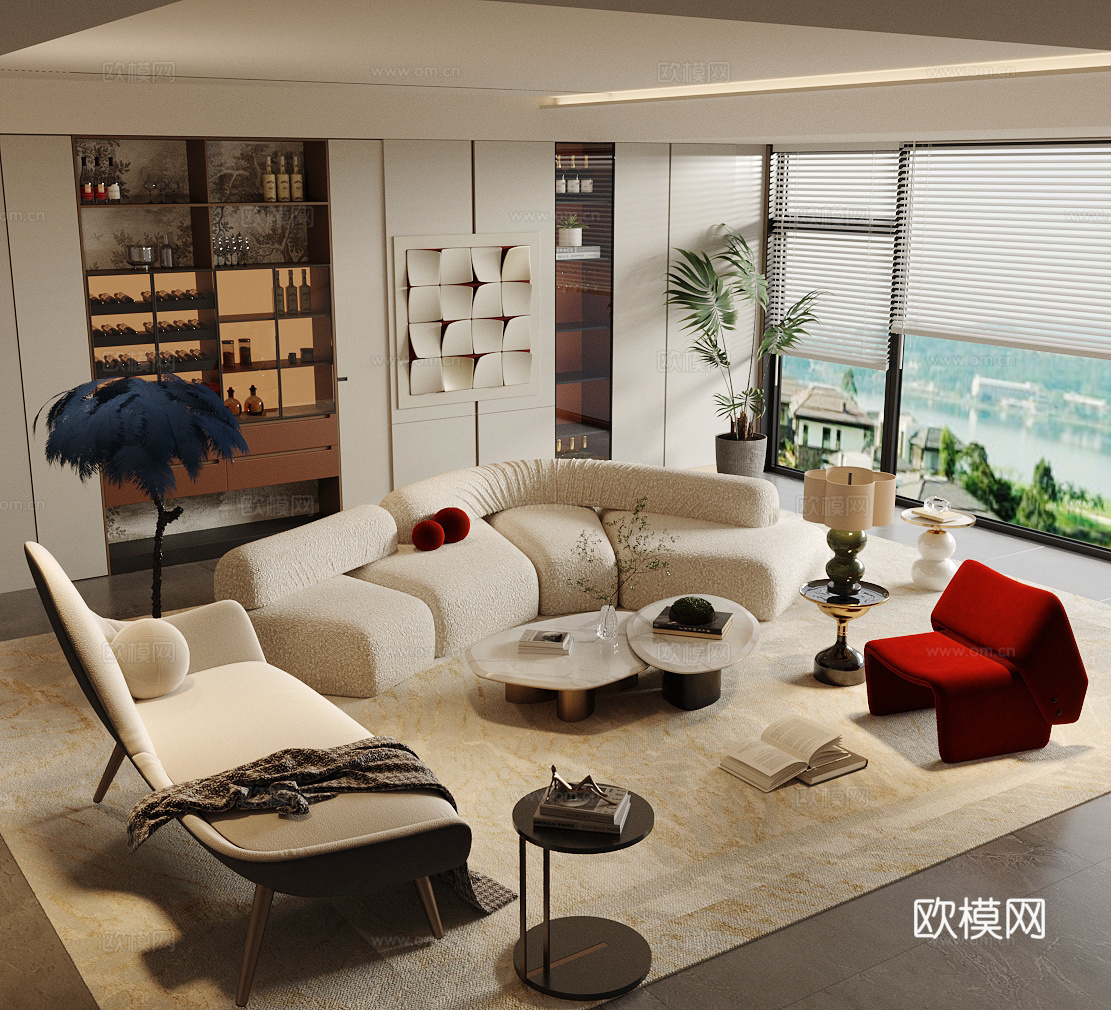 现代意式家居客厅 轻奢意式客厅 沙发茶几组合 高级灰客厅su模型