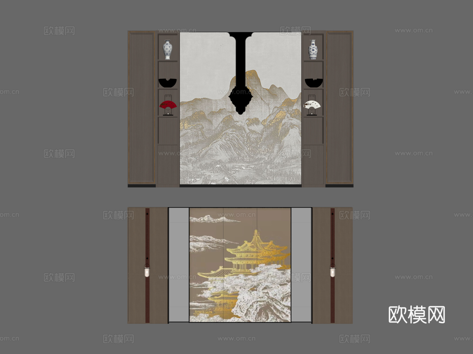 新中式背景墙 电视背景墙 沙发背景墙su模型