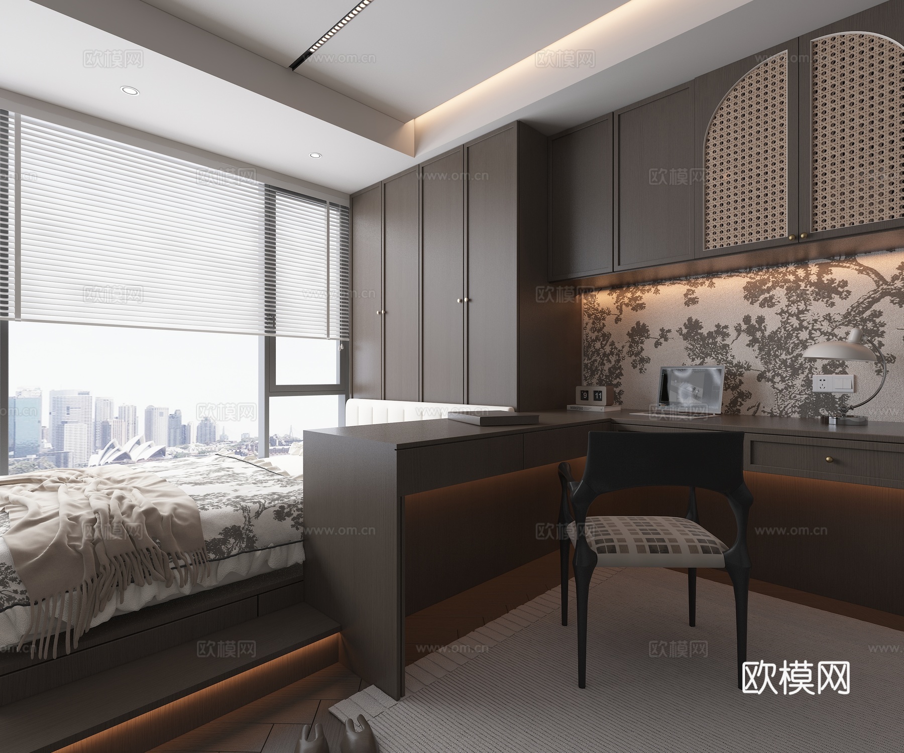现代意式高级灰榻榻米卧室 书桌椅 地毯 电脑摆件 百叶帘3d模型