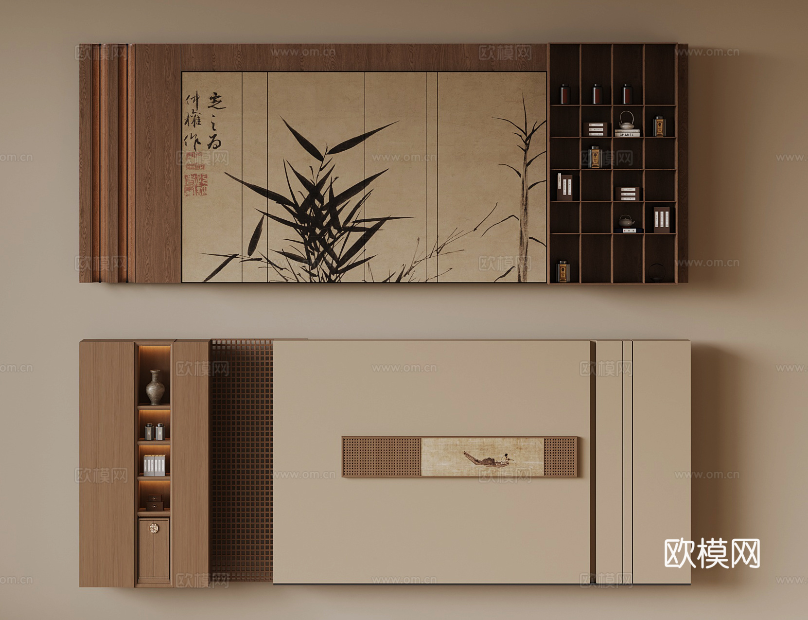 新中式背景墙su模型
