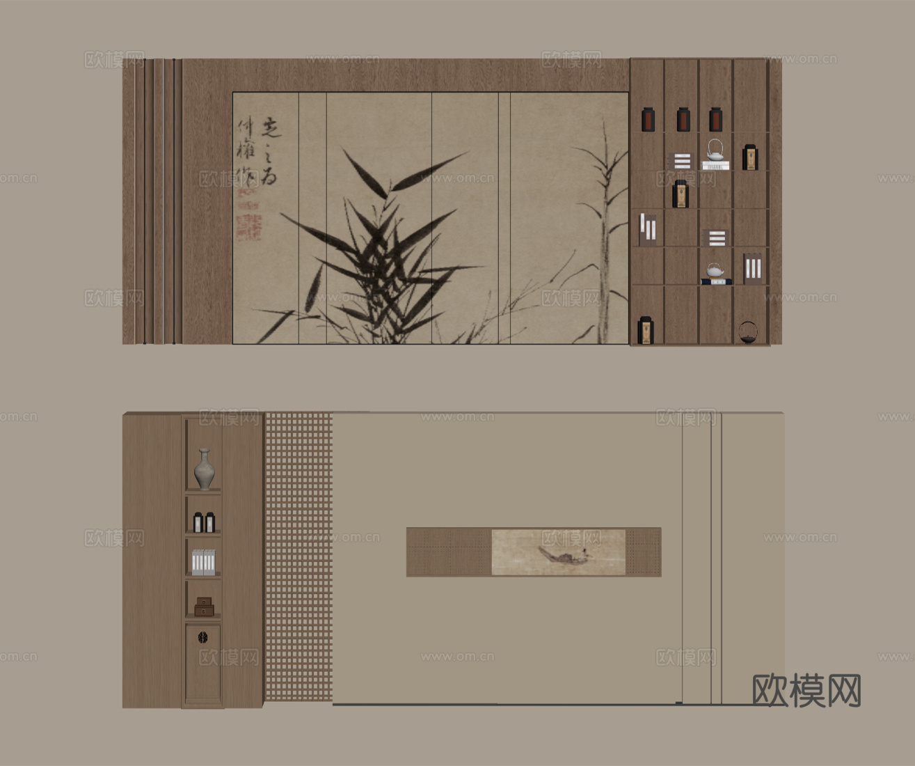 新中式背景墙su模型
