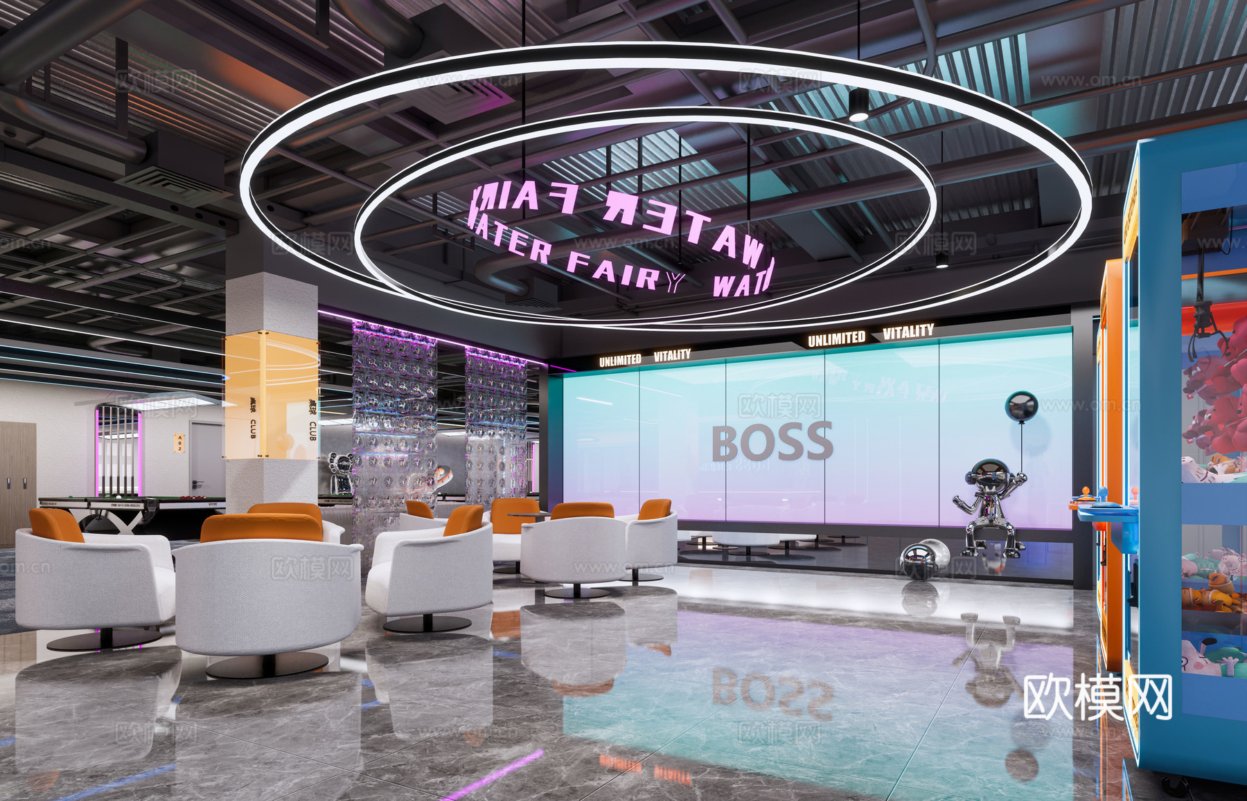 台球厅 台球桌 前厅 休息区 环形吊灯 抓娃娃机 游戏机3d模型