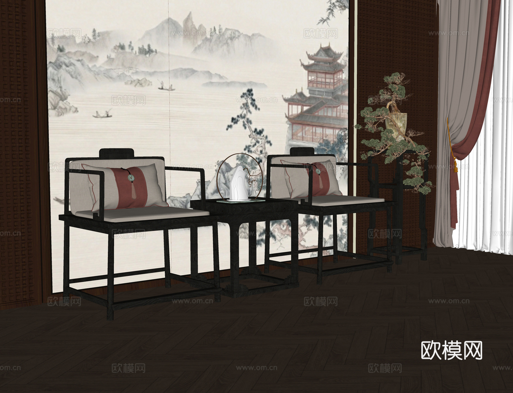 中式单椅 餐椅 茶椅 扶手椅 书椅su模型