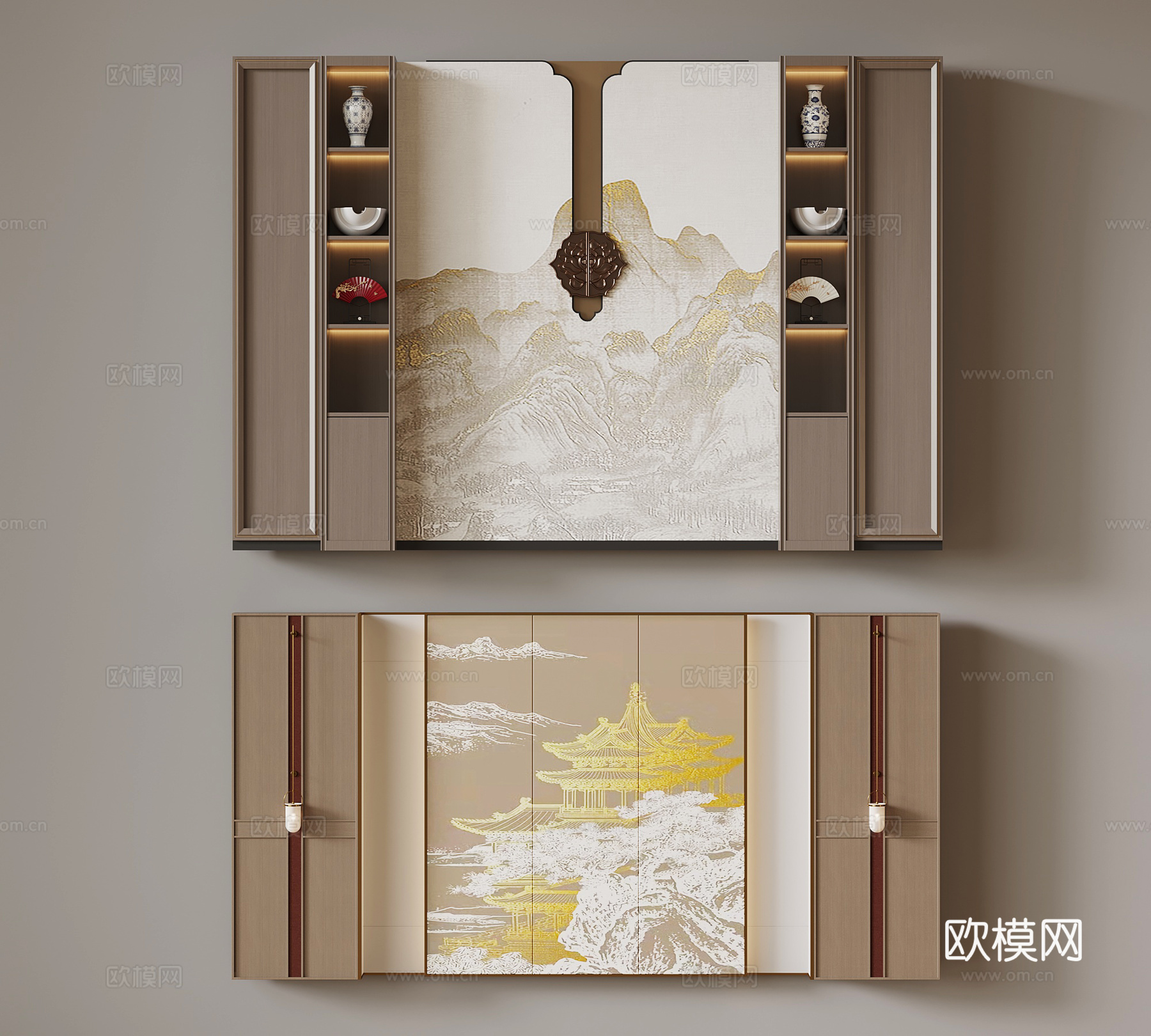 新中式背景墙 电视背景墙 沙发背景墙su模型