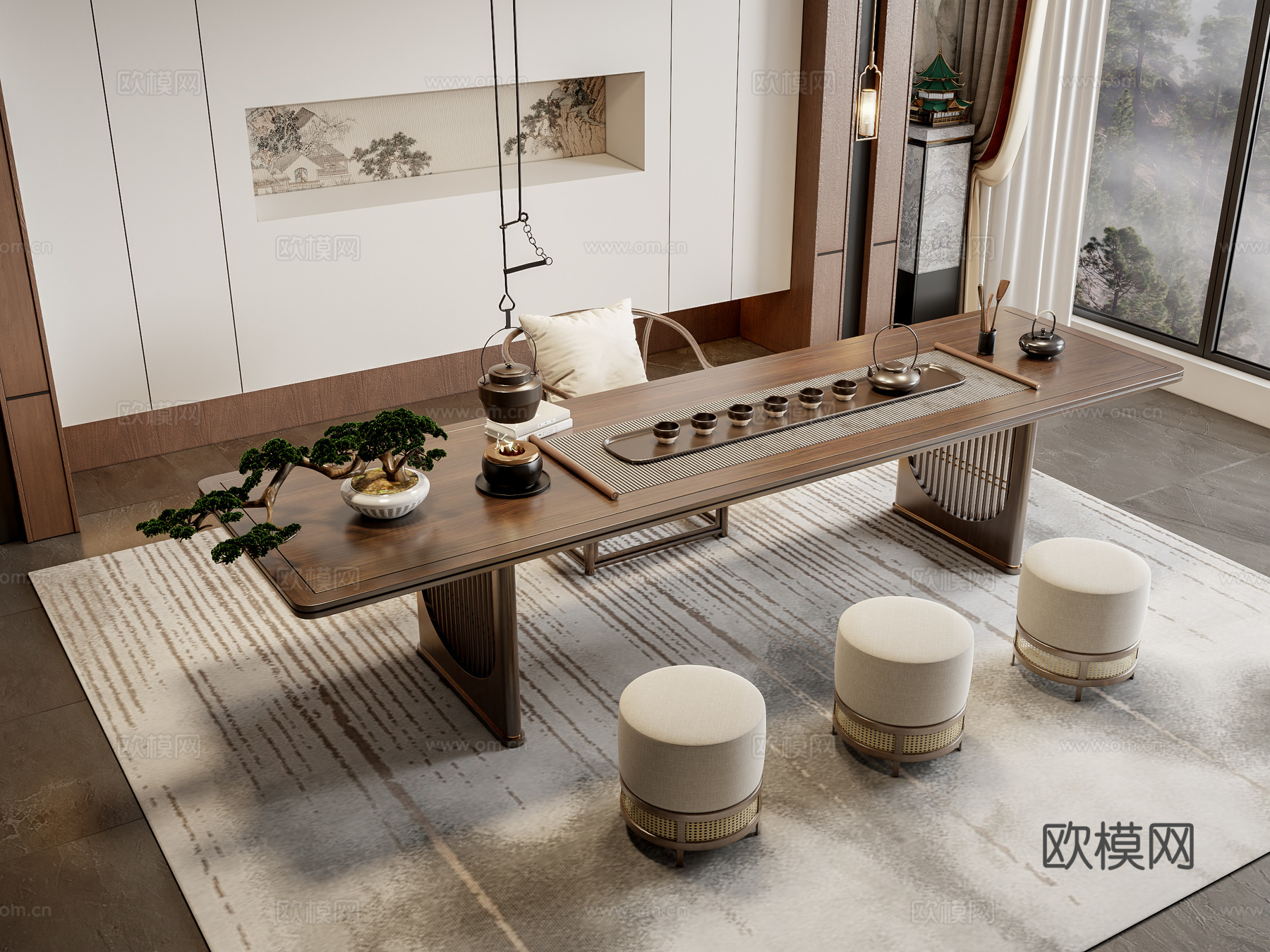 新中式茶桌椅3d模型
