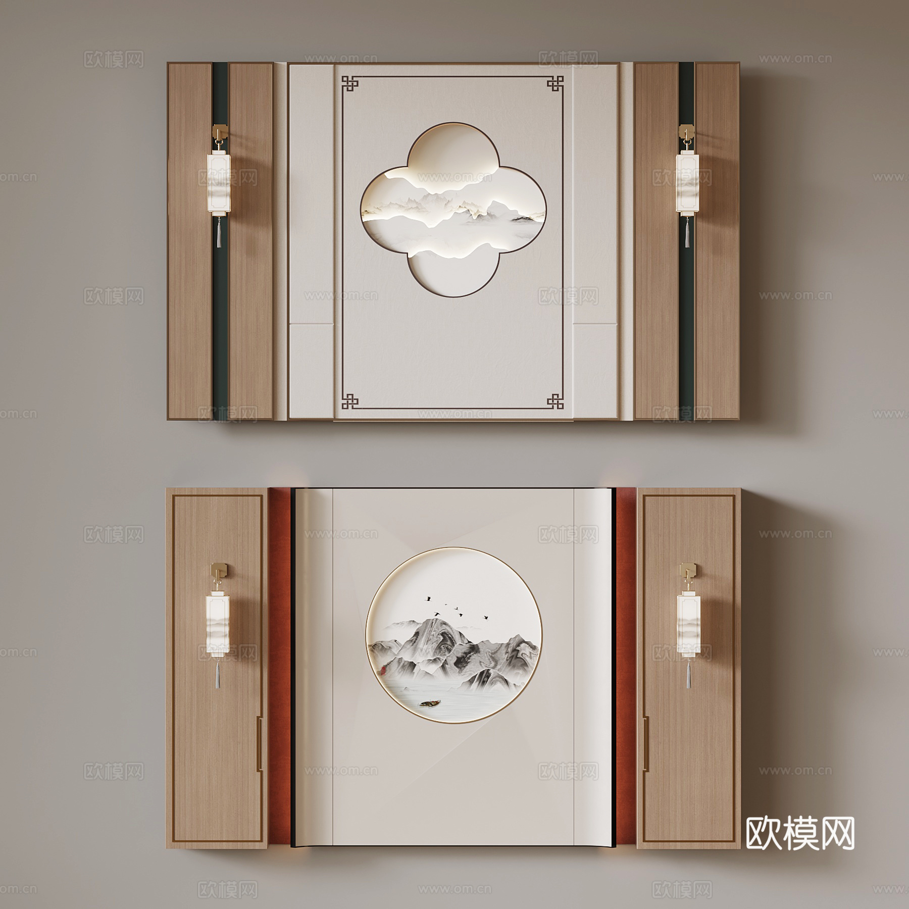 新中式背景墙 电视背景墙3d模型