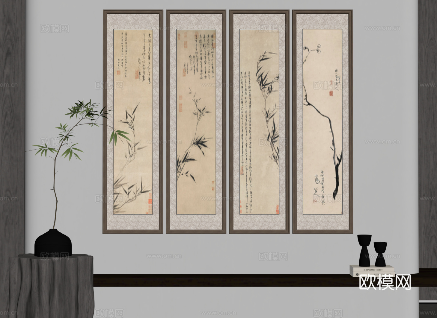 装饰挂画 新中式装饰挂画 绿植 摆件su模型