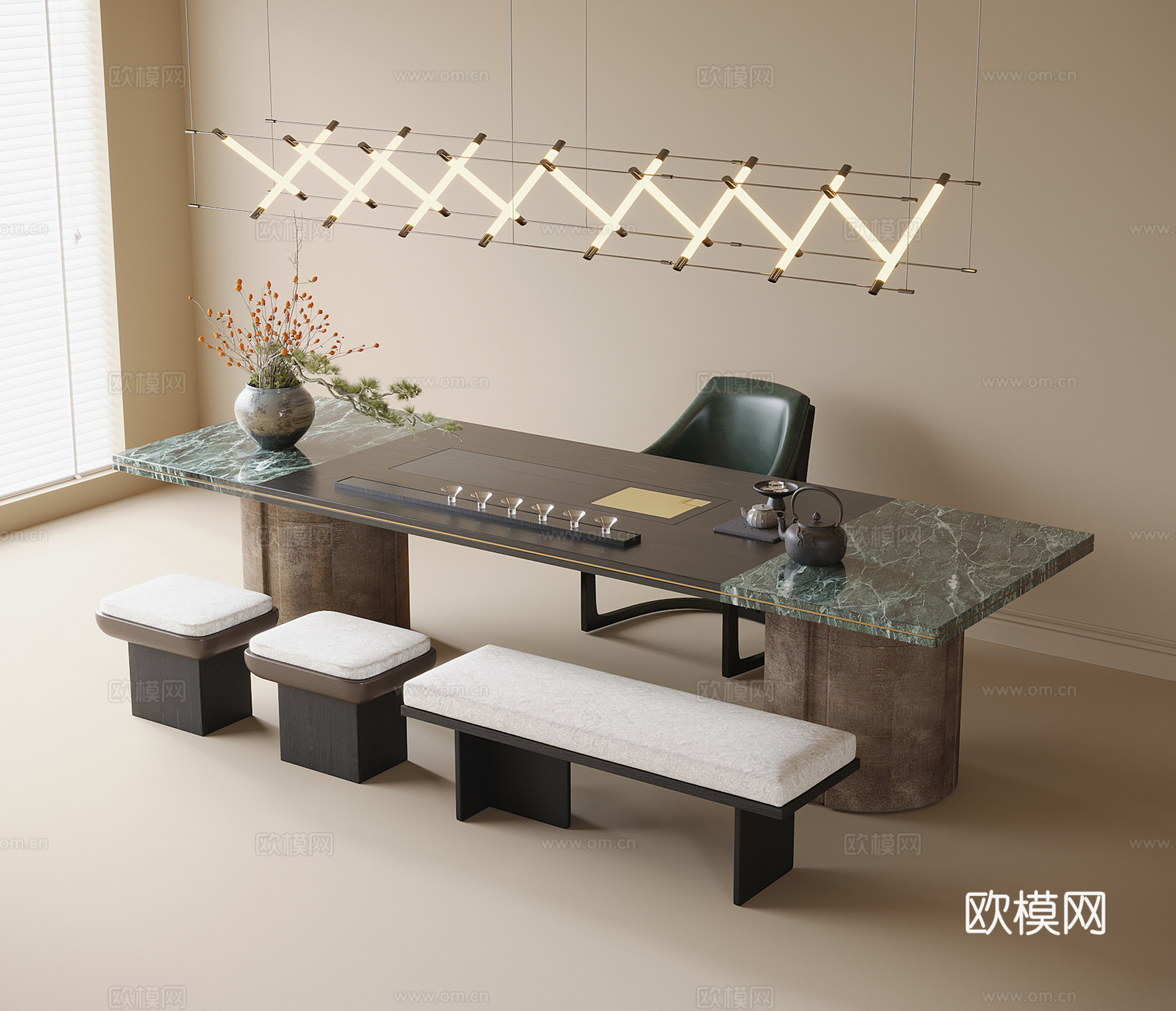 现代茶桌椅 吊灯 长凳 凳子 茶具3d模型