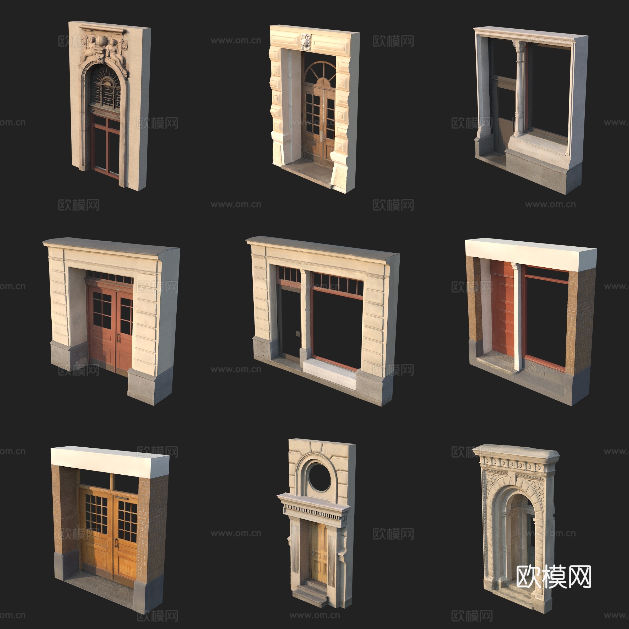 建筑构件欧式门窗窗框拱门3d模型