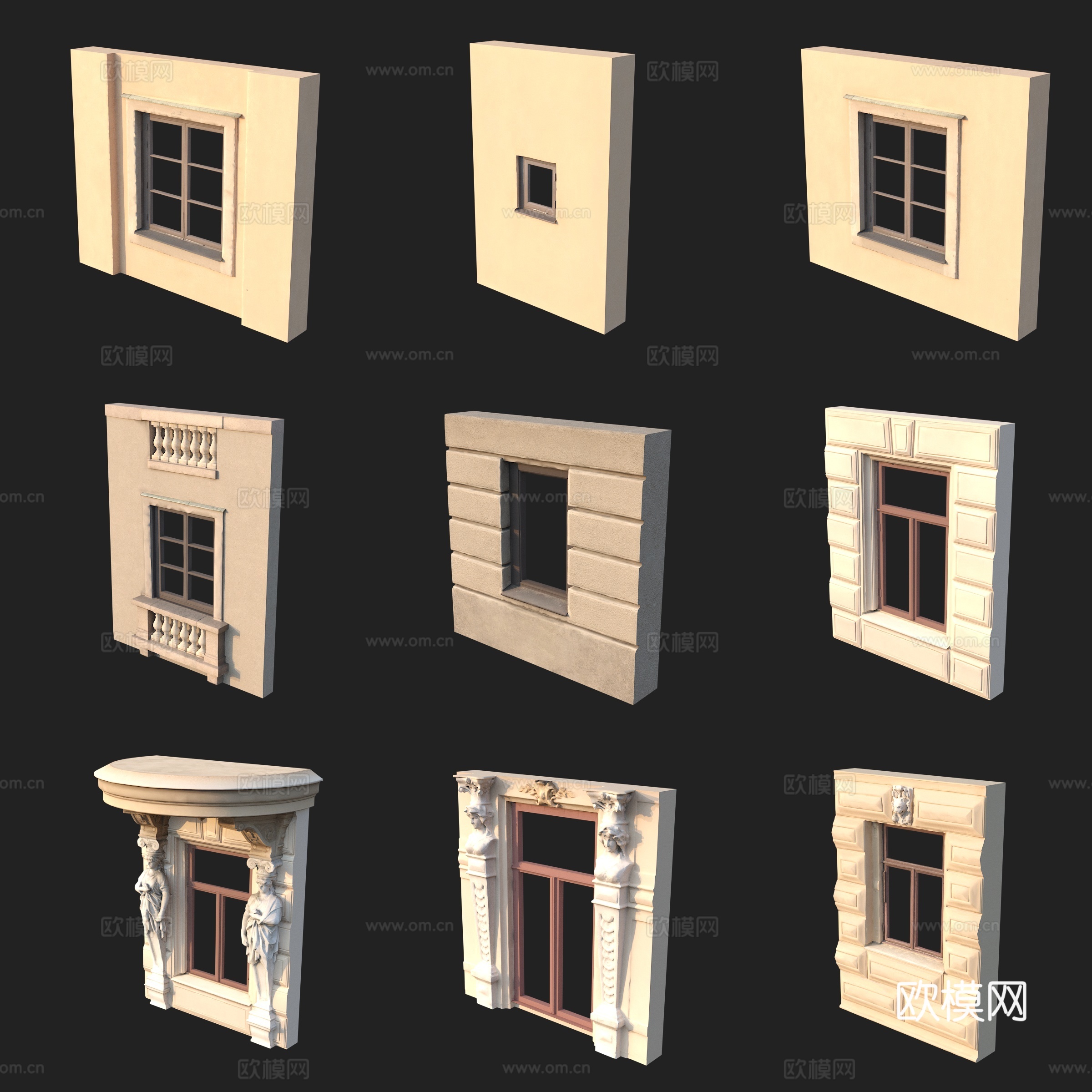 欧式古典窗户窗框浮雕石雕3d模型