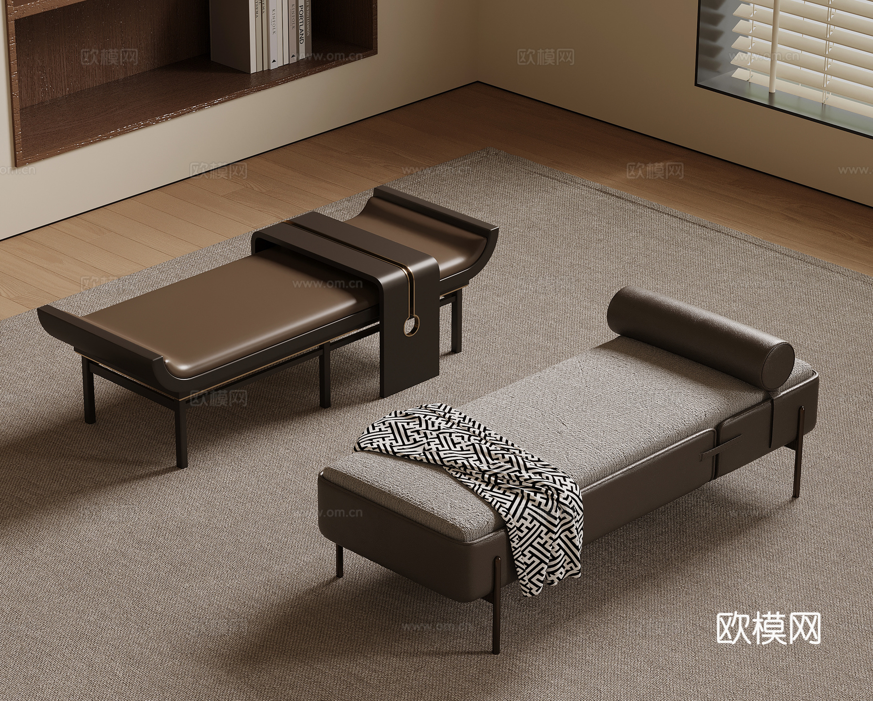 侘寂风床尾凳 茶具摆件3d模型