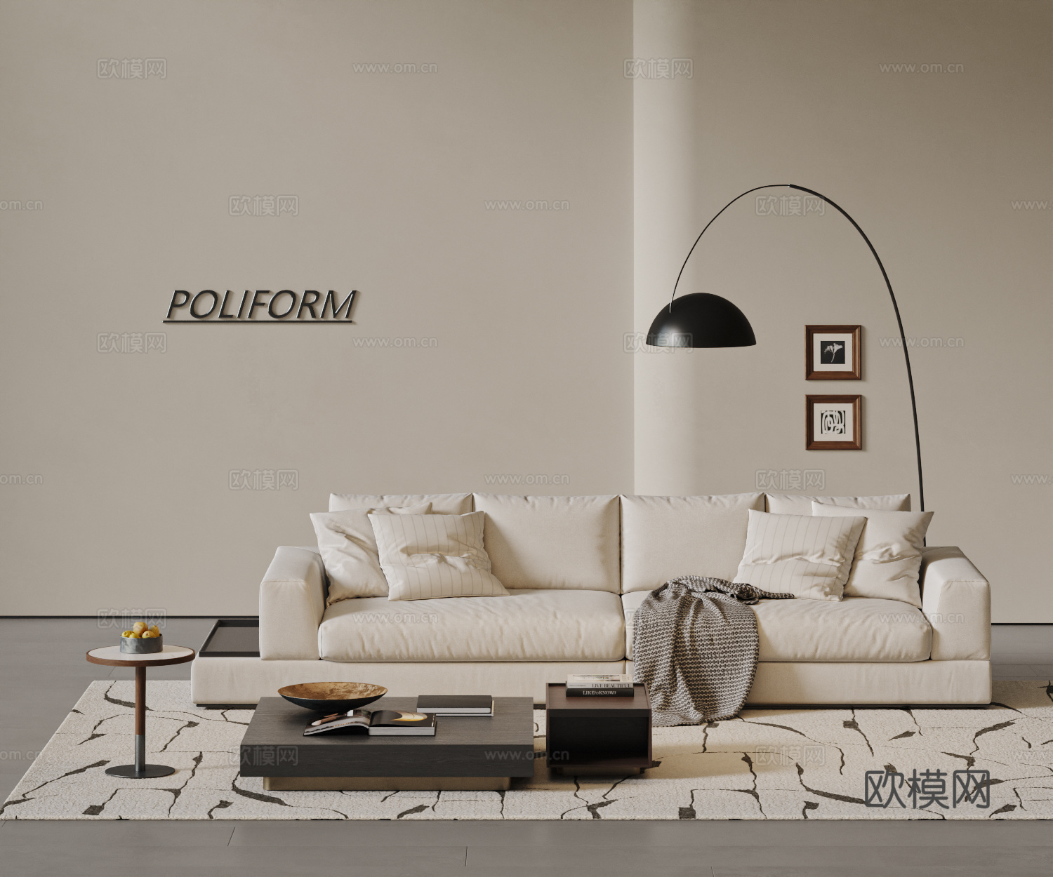 poliform现代双人沙发 沙发茶几组合 布艺双人沙发su模型