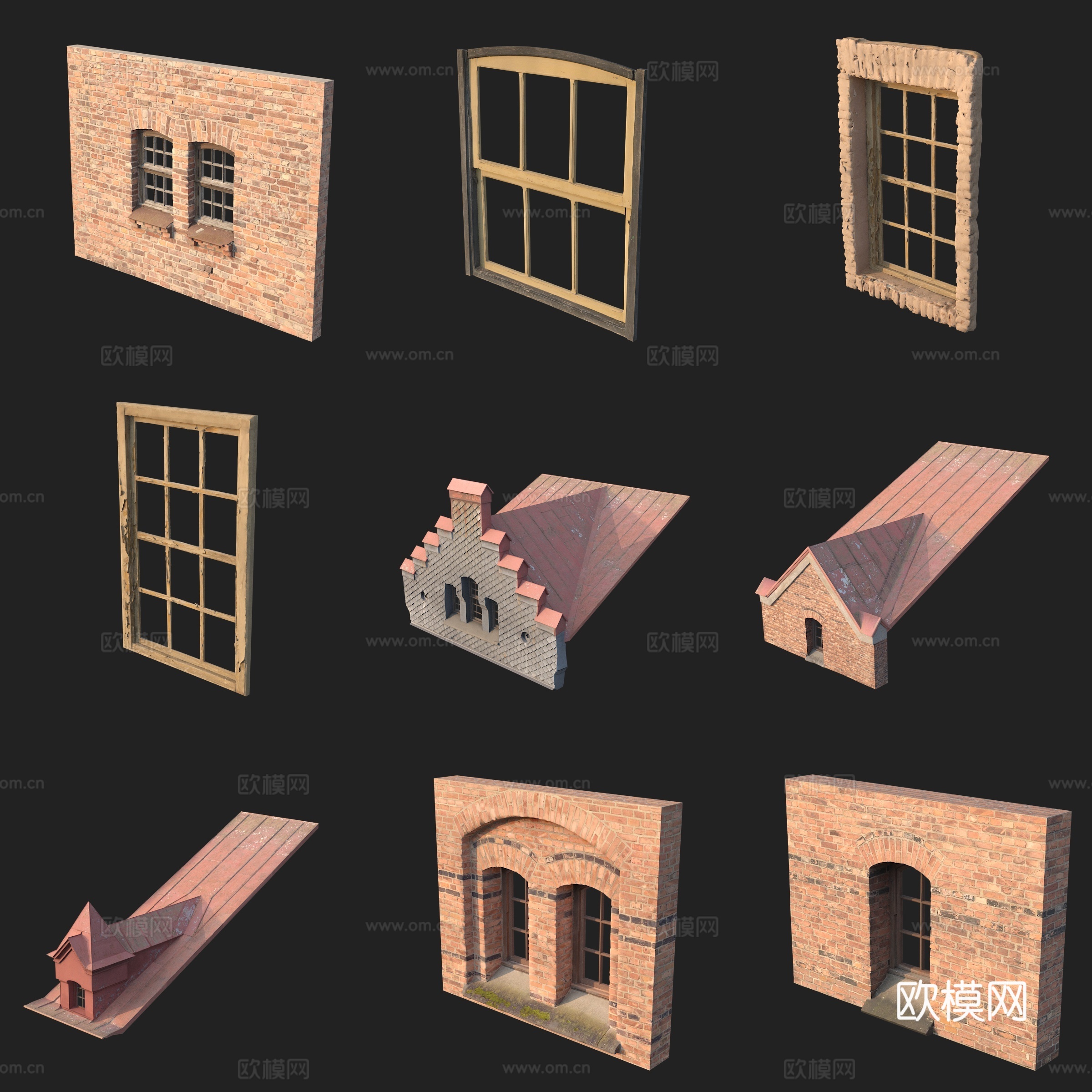 欧式古典窗户窗框门框屋檐红砖房3d模型