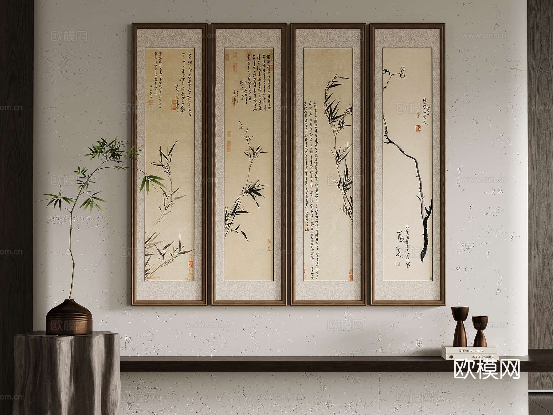 装饰挂画 新中式装饰挂画 绿植 摆件su模型