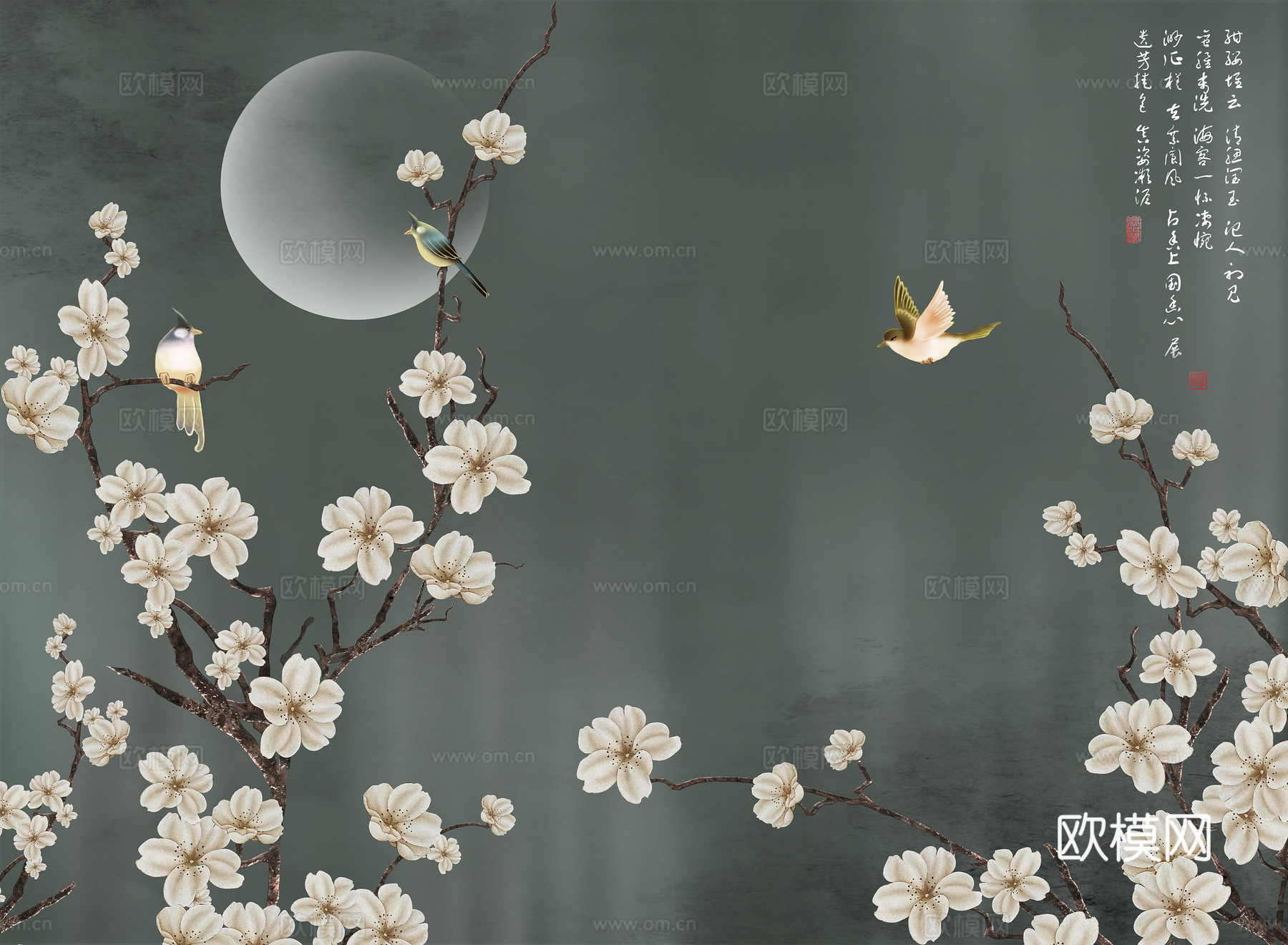 新中式花鸟壁纸壁画